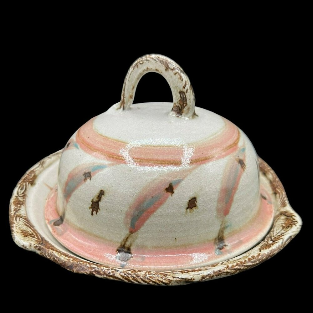 Stunning Art Pottery Shallow Bowl with Covered Lid Colorful Butter Dome 8" x 6"